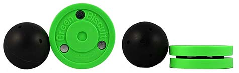 green Biscuit VS Stickhandling Ball Green Biscuit compared to a stick handling ball